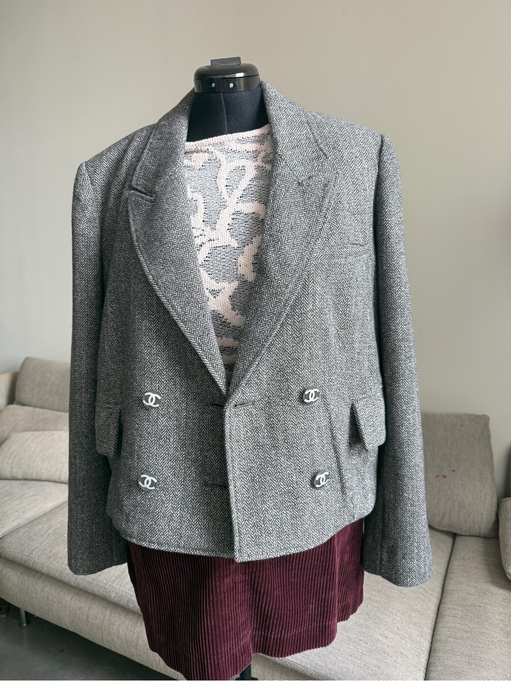 Free People Gray Herringbone Double-Breasted Pea Coat